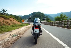 Motorcycle parked safely on the roadside with barriers
