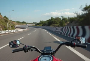 A scenic highway with a visible high-speed barrier