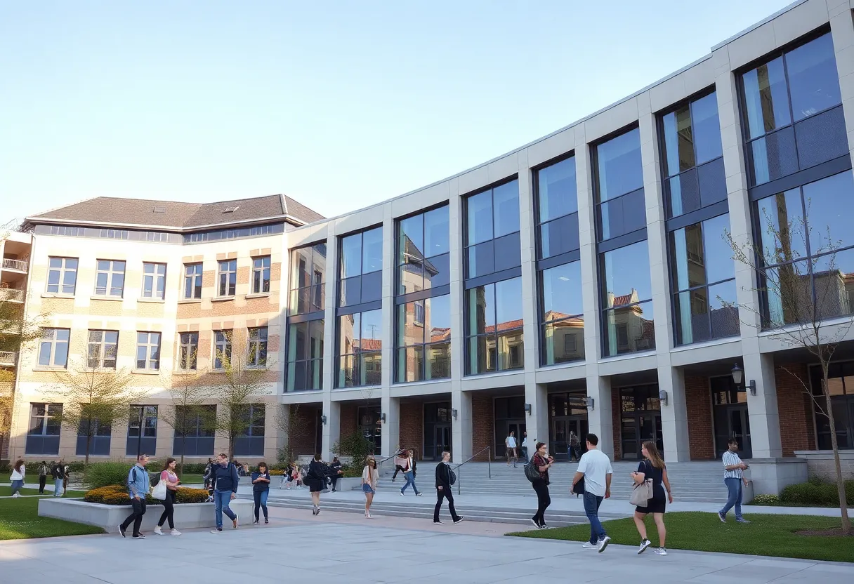 Modernized Mount Pleasant High School with students around