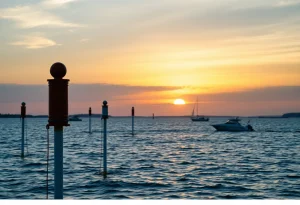 Navigational buoys in Rhode Island waters at dusk