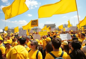 Large crowd of protesters wearing yellow at a No Kings rally in Providence