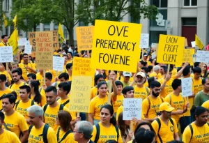 A crowd of protesters wearing yellow in an urban setting holding signs.