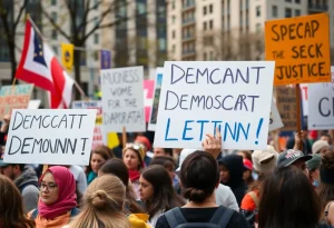 Protesters demonstrating during the No Kings protests in Providence, RI.
