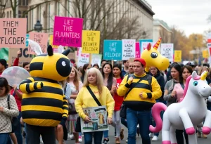 Participants in inflatable costumes during the No Kings rally in Providence
