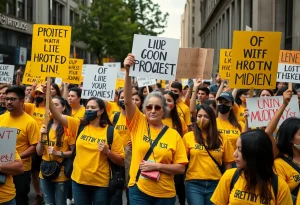 Protesters at the No Kings rally in Providence holding signs and dressed in yellow.