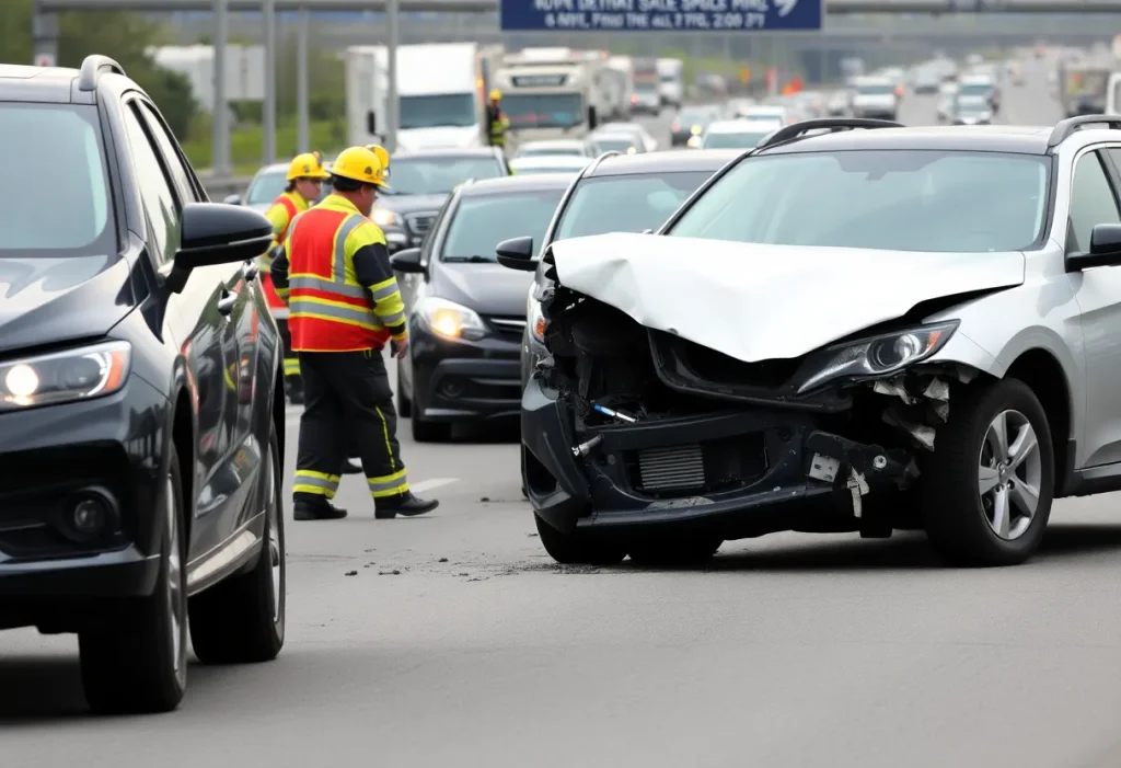 Multi-vehicle accident with damaged cars on Route 146