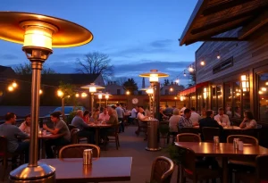 Dining area with propane heaters on outdoor patio