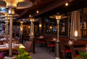 Outdoor propane heaters at a restaurant patio
