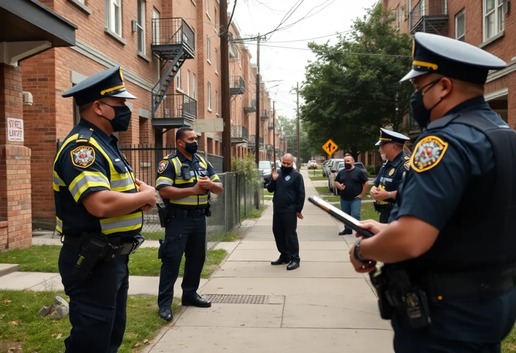 Police officers in a residential area investigating a shooting incident.