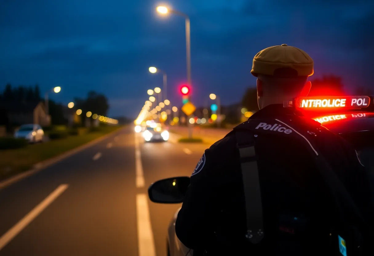 Traffic stop conducted by police officer at night on a city street