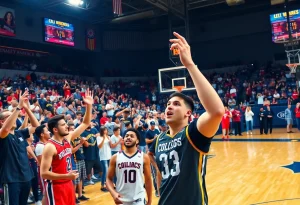 Providence College basketball players warming up on the court