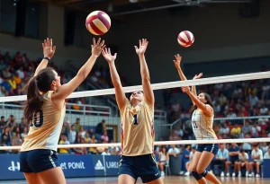 Action shot of Providence College women's volleyball team during a match