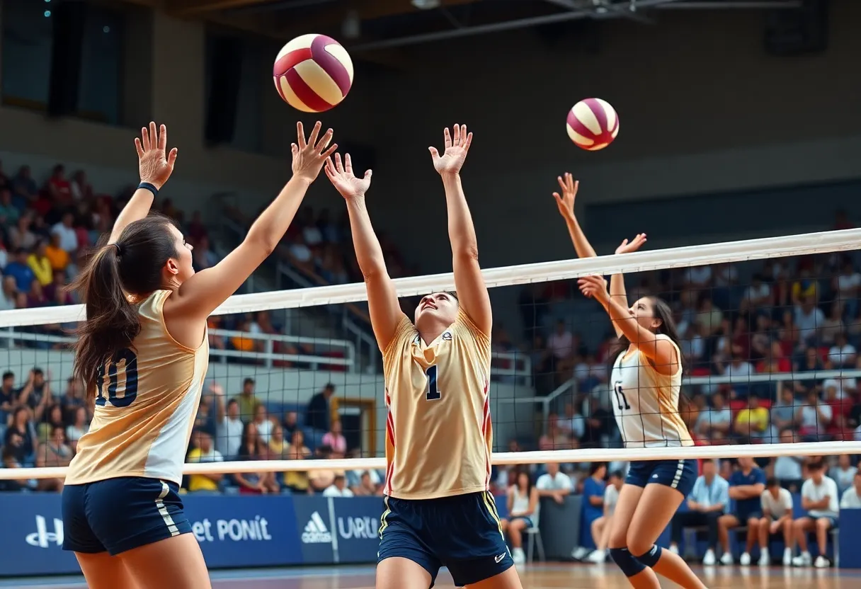 Action shot of Providence College women's volleyball team during a match