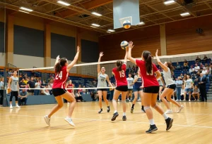 Providence College women's volleyball team in action during a match