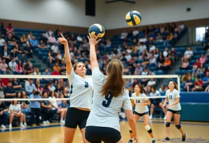 Providence College volleyball players competing during a match