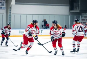 Players competing during a women's hockey game