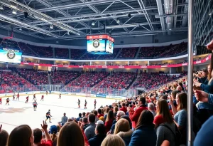 Fans cheering at a Providence College women's hockey game