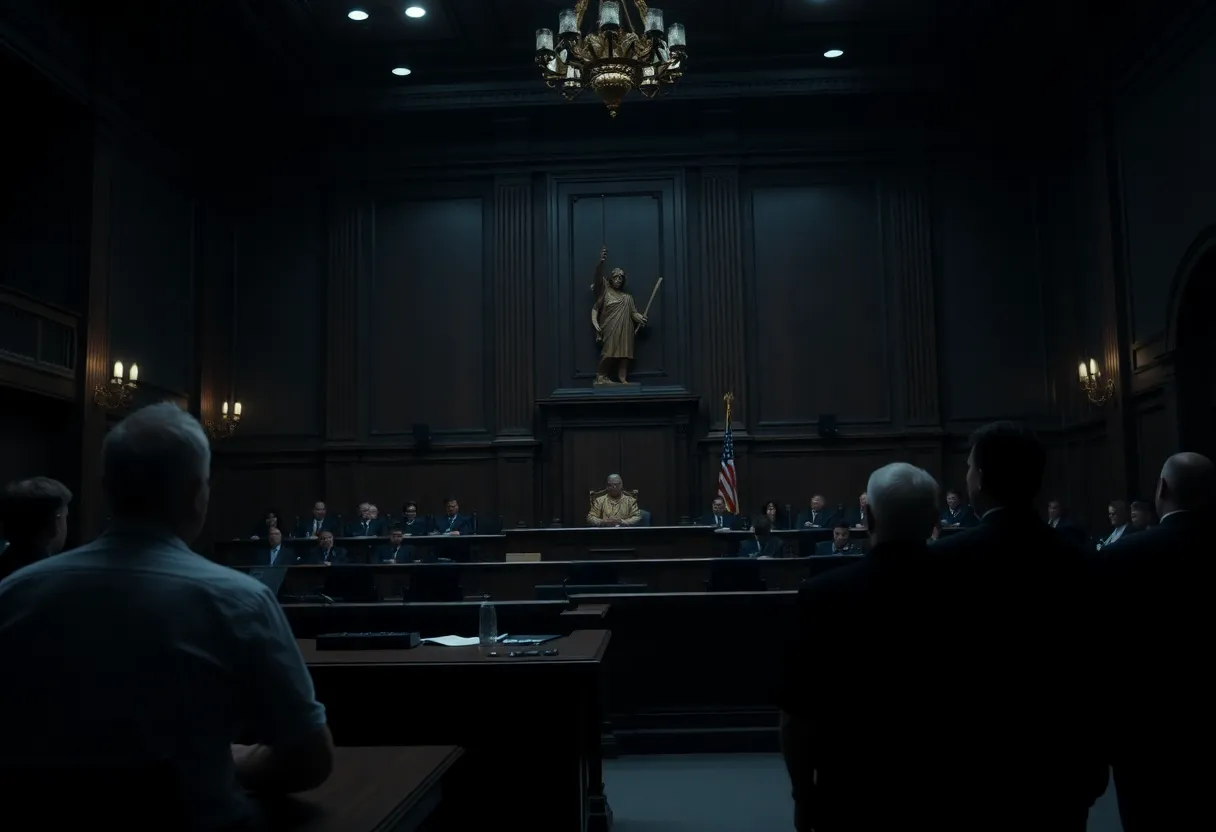Courtroom scene representing the outcome of a life sentence