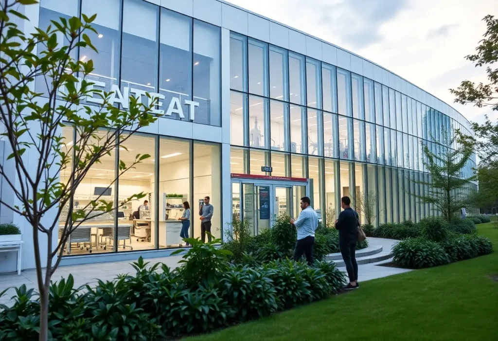 Exterior view of the new Providence Health Laboratories building with vibrant surroundings.