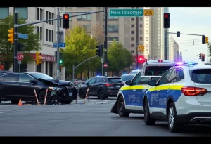Crash scene involving an ICE vehicle and a civilian car at a city intersection.