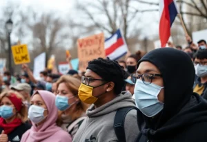 Protesters in Providence wearing masks during a political rally