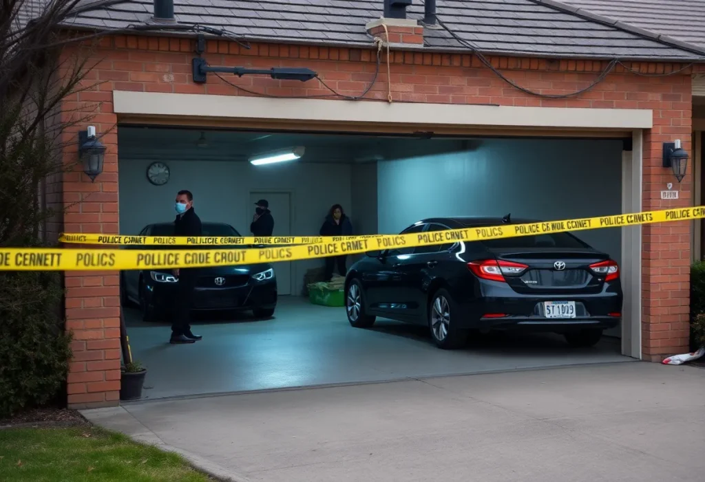 Crime scene in Providence with police tape and a suburban garage setting.