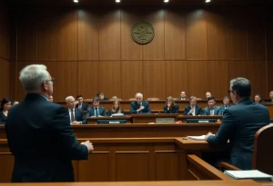 Courtroom during murder trial proceedings