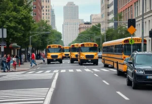 Busy urban street with crosswalk and school bus