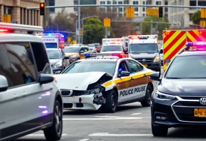 Scene of a police cruiser accident at busy intersection
