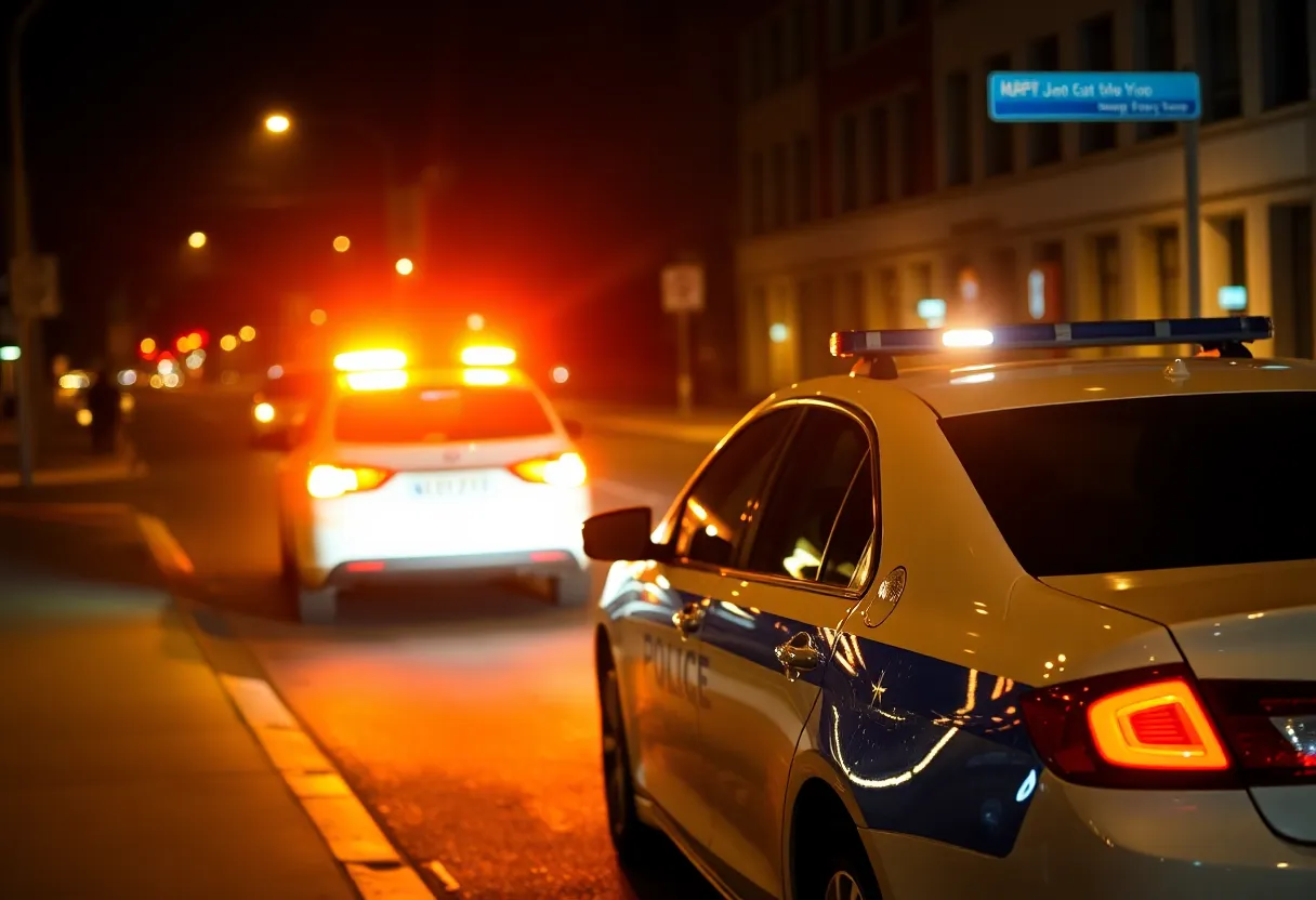 Police car with lights on during a night operation