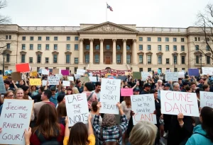 Crowd of demonstrators at the Providence State House rally