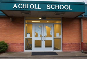 Damaged window at the Providence Public Schools administration building