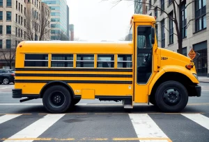 School bus at a crosswalk in urban Providence