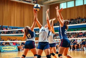 Providence College women's volleyball players in action during a home match