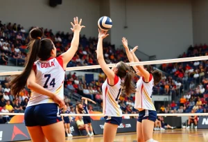 Action shot of Providence College women's volleyball team during a match