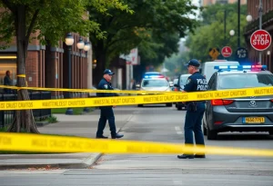 Police officers investigating a crime scene in Providence, with caution tape visible.