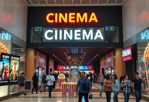 Entrance of the cinema at Providence Place Mall with movie posters