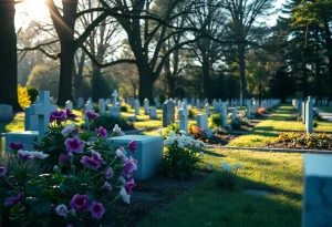 Serene cemetery in Providence filled with flowers