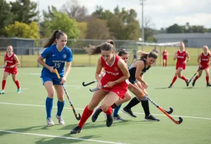 Players from Quinnipiac field hockey team celebrating a goal against Providence.