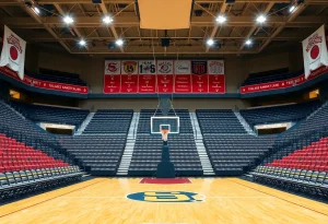 Empty college basketball court with team banners