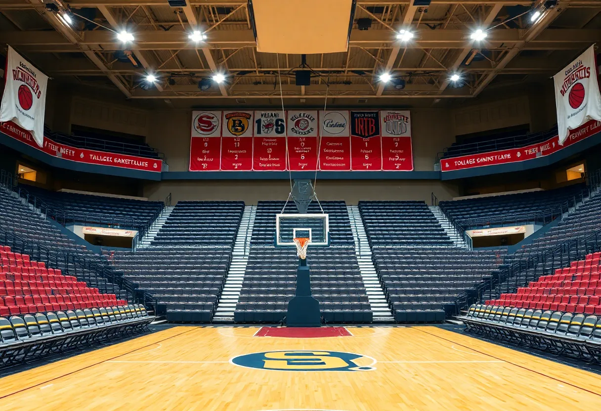 Empty college basketball court with team banners