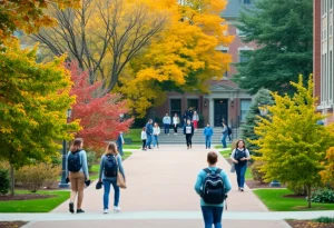 Students on Rhode Island campus during autumn