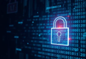 Illustration of cybersecurity threats with digital locks and binary code