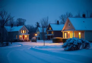 Winter scene featuring homes in Rhode Island with electric lights.