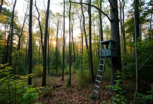 Forest setting in Rhode Island emphasizing hunting regulations and wildlife conservation.