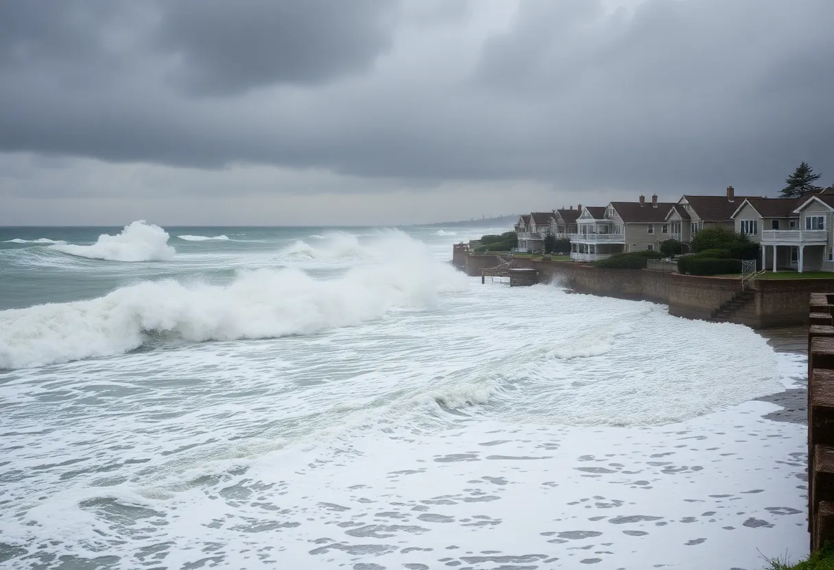 Coastal view of Rhode Island during a nor'easter with stormy weather.