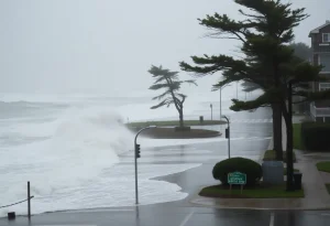 Rhode Island coastal area during a nor'easter with flooding and strong winds