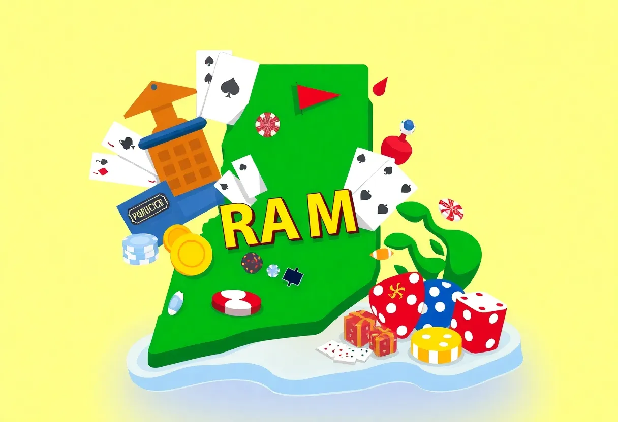 Illustration of Rhode Island with online gambling symbols and law enforcement elements.