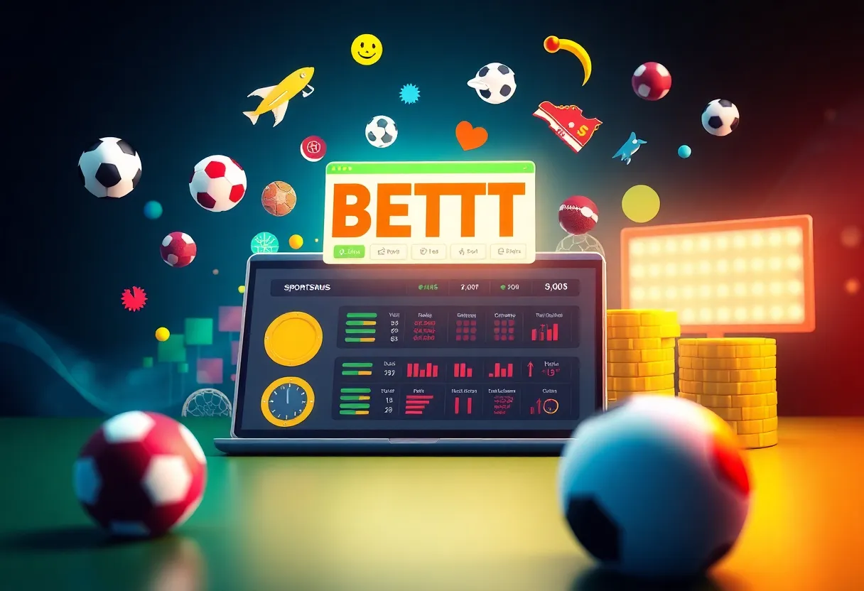 Illustration of online sports betting with various sports symbols and digital interface elements.