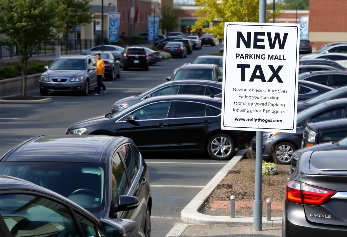 Urban parking lot in Rhode Island with new tax signage